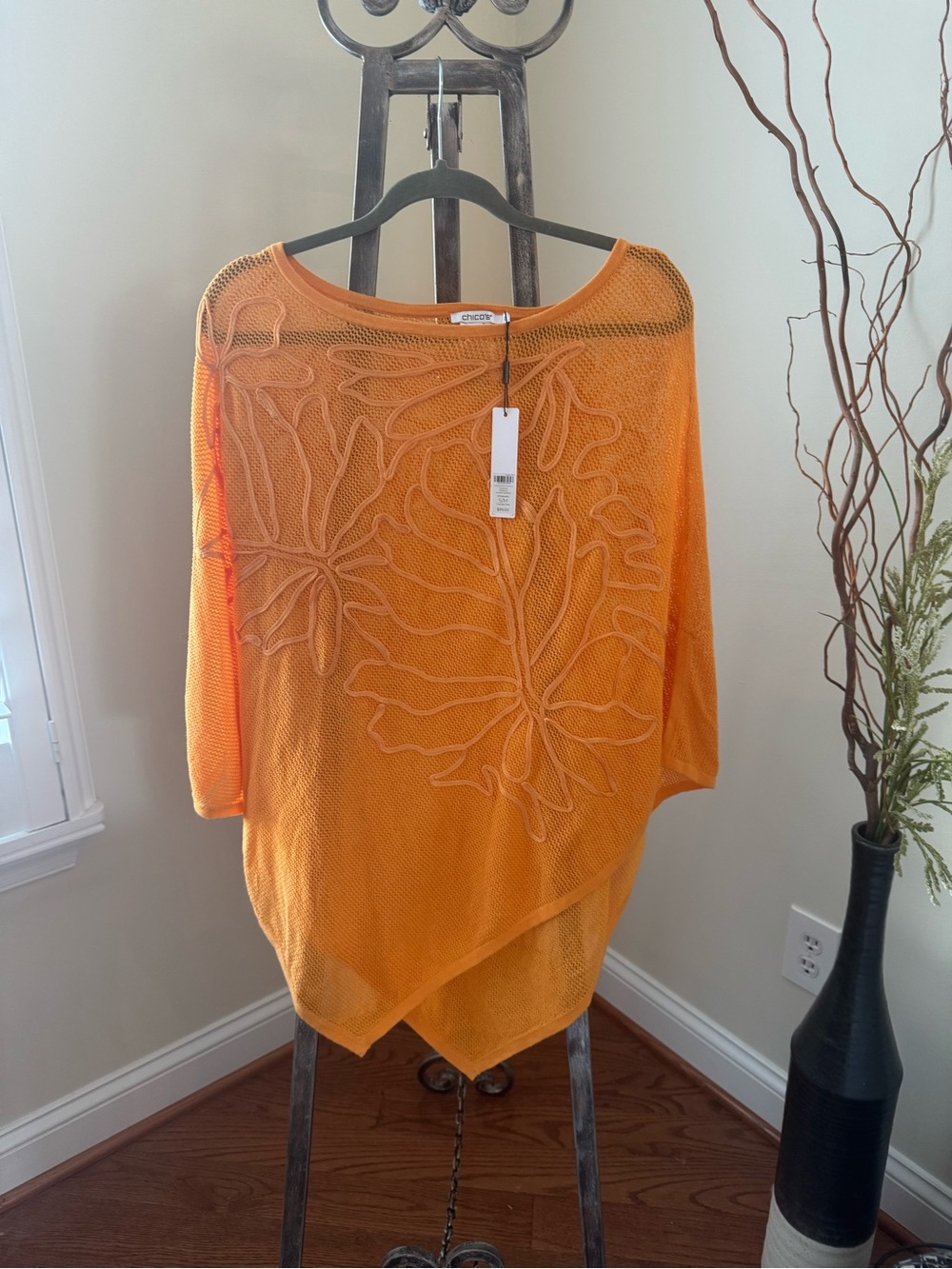 Chico's Bright Mango Open-Knit Floral Poncho